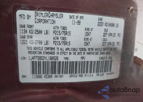 2000 Jeep Cherokee Classic из США, поврежденный, VIN 1J4FF58S3YL180526